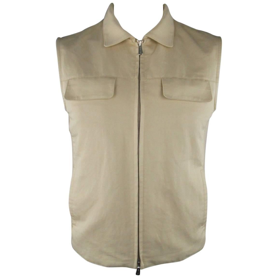 Men's LORO PIANA S Khaki Cotton / Linen Pocket Zip Vest