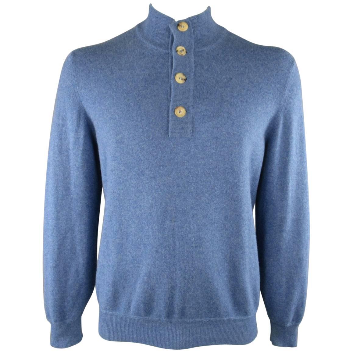 Men's BRUNELLO CUCINELLI Size L Blue Cashmere High Neck Half Button Pullover