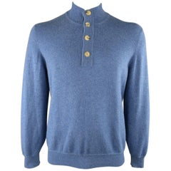 Men's BRUNELLO CUCINELLI Size L Blue Cashmere High Neck Half Button Pullover