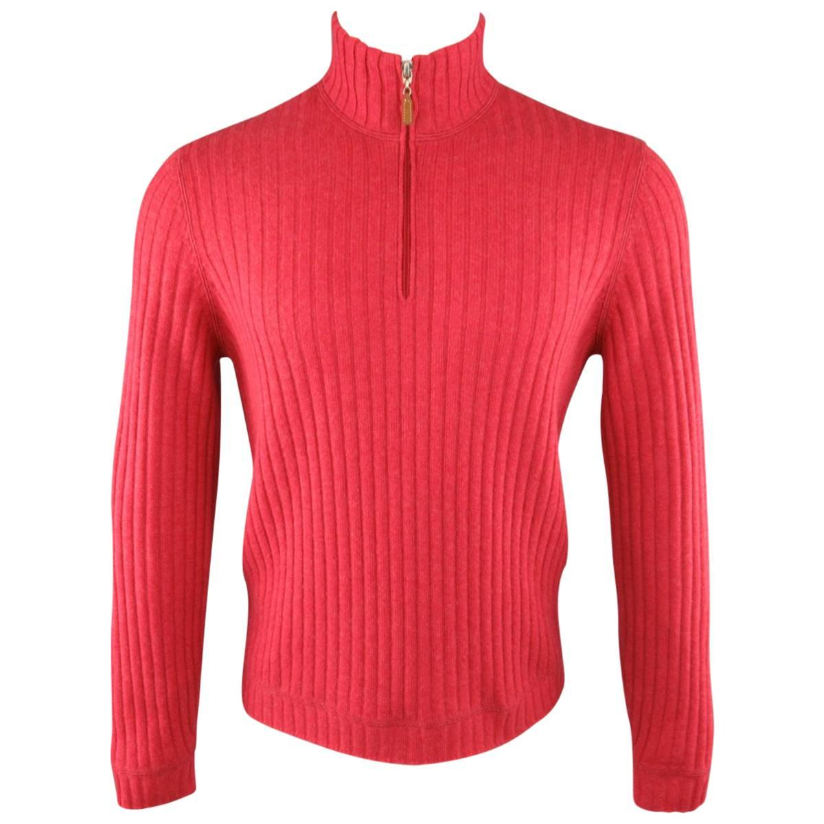 Men's BRUNELLO CUCINELLI Size S Light Red Ribbed Knit Cashmere Half Zip Pullover