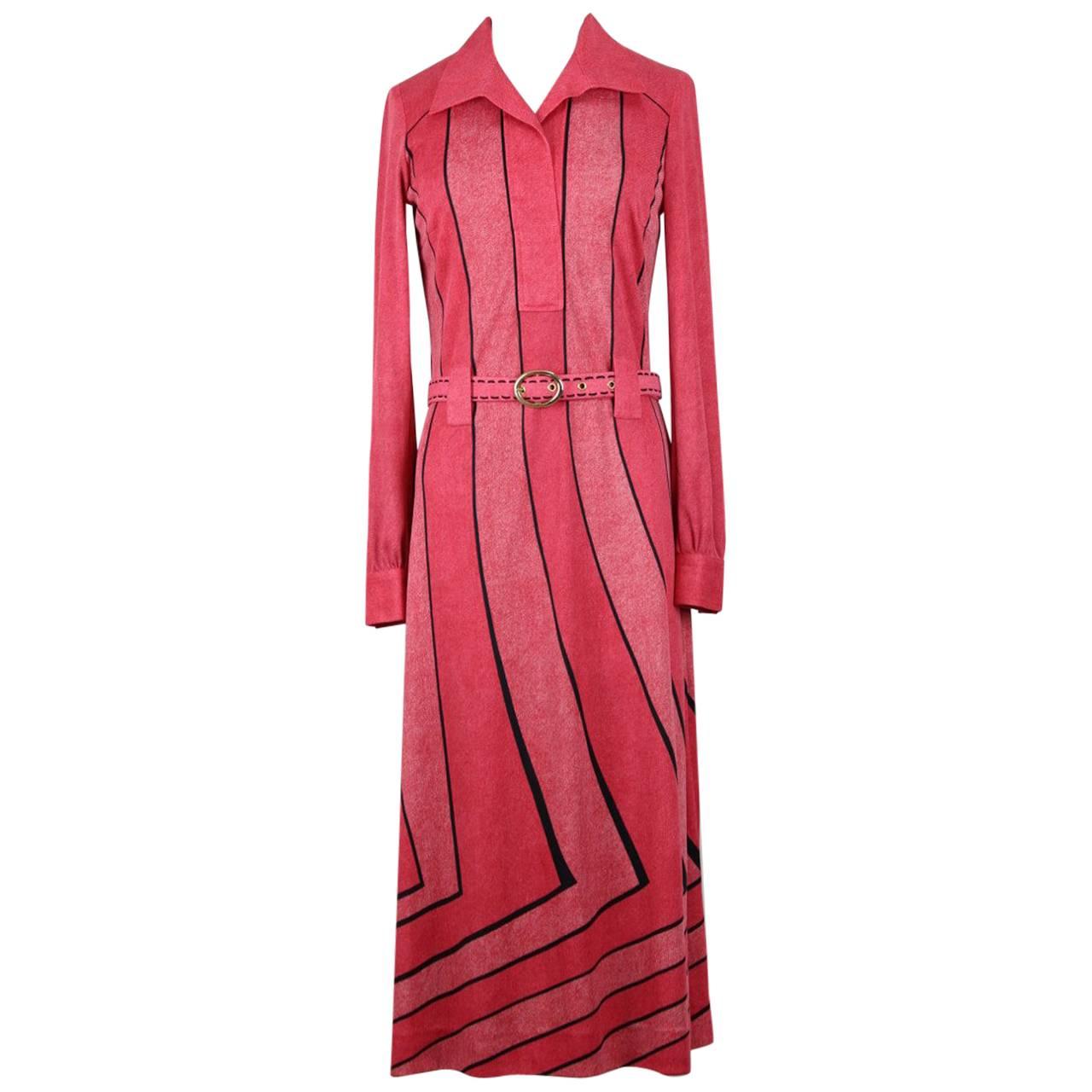 1970s Roberta di Camerino “Gabbiano“ Pink Trompe l'Oeil Print Belted Dress For Sale