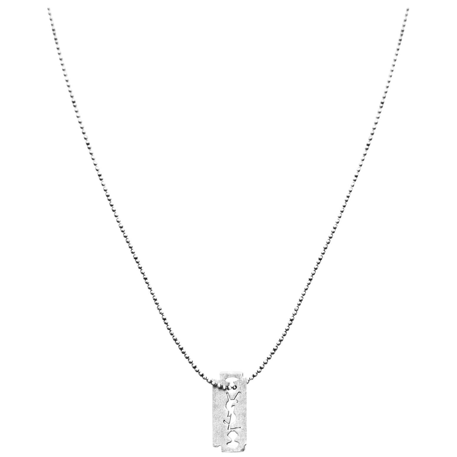 Saint Laurent 2017 Silvertone Razor Blade Necklace with Box at