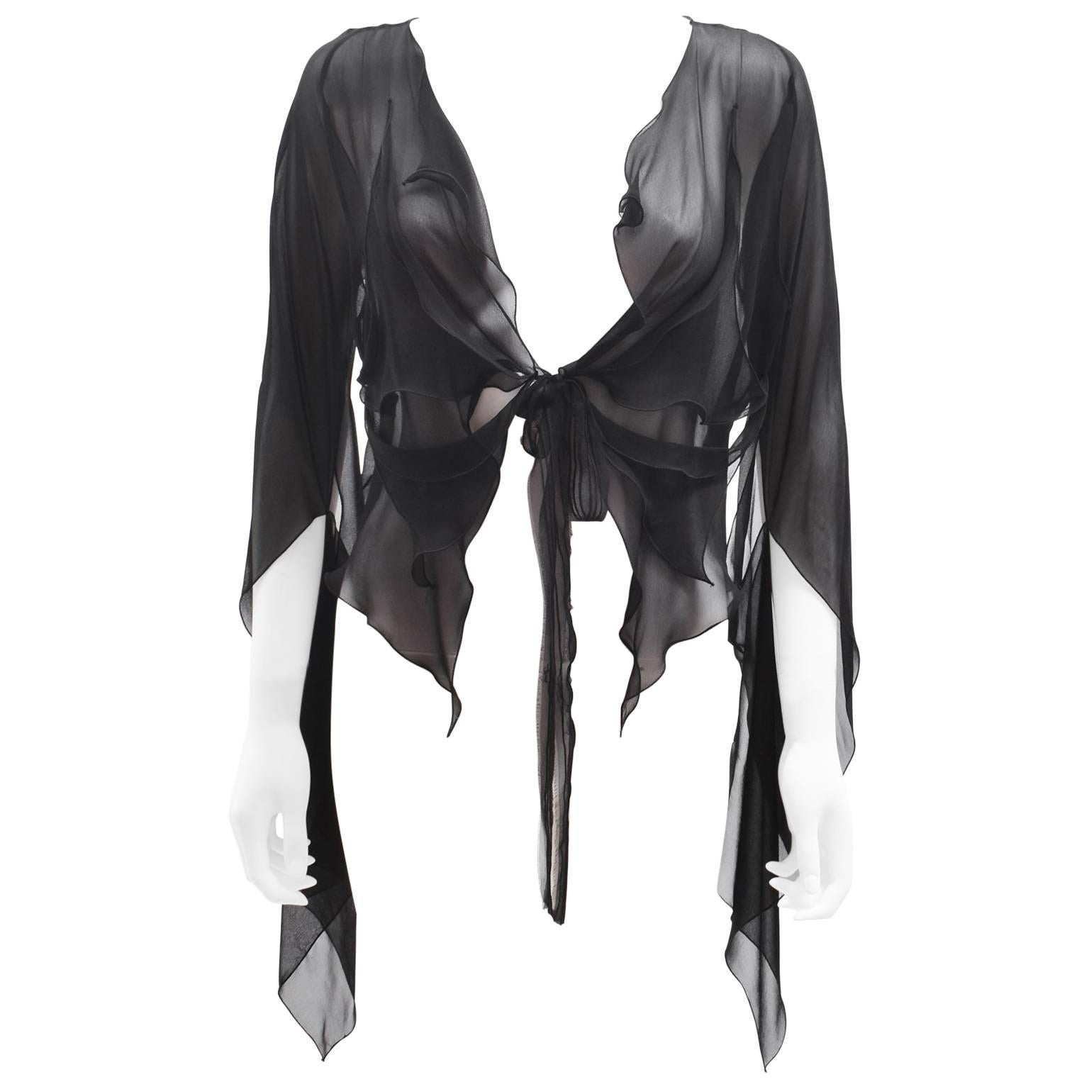 Roland Mouret Black Sheer Silk Tie Blouse with Cut-Out Details c.2010 For Sale