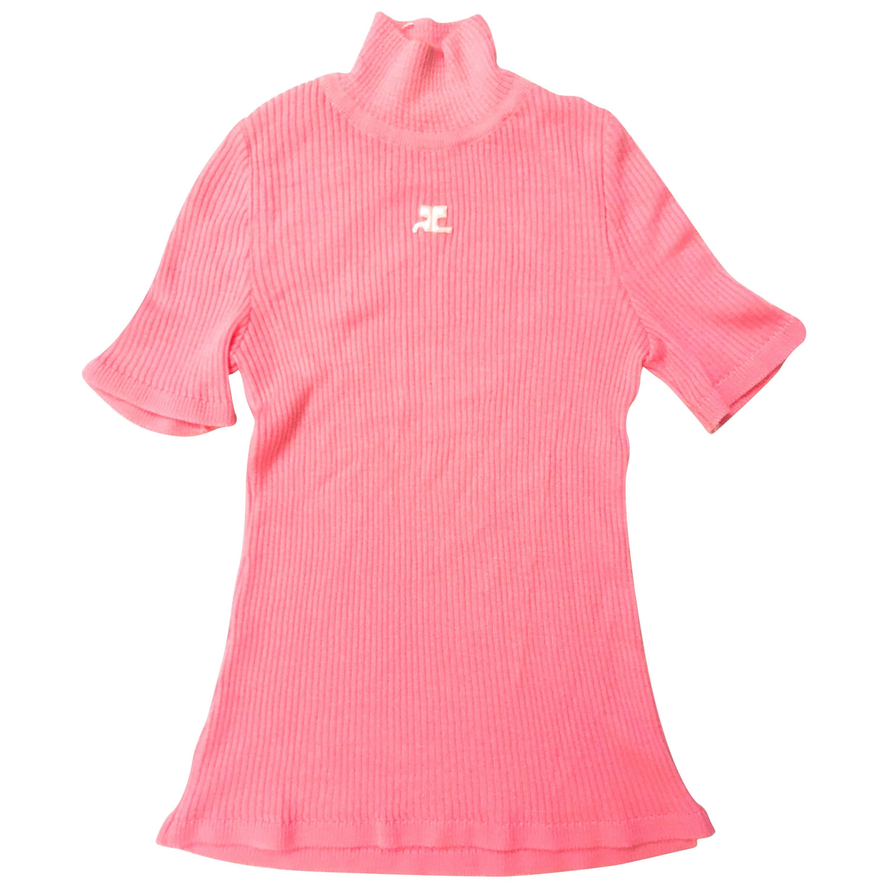 Courreges Sweater - Short Sleeve - Pink - 1970's - Mint Condition For Sale