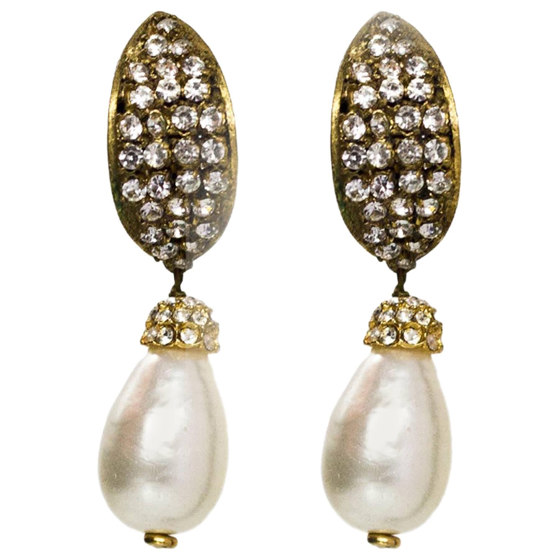 Chanel Vintage Crystal and Pearl Drop Clip-On Earrings