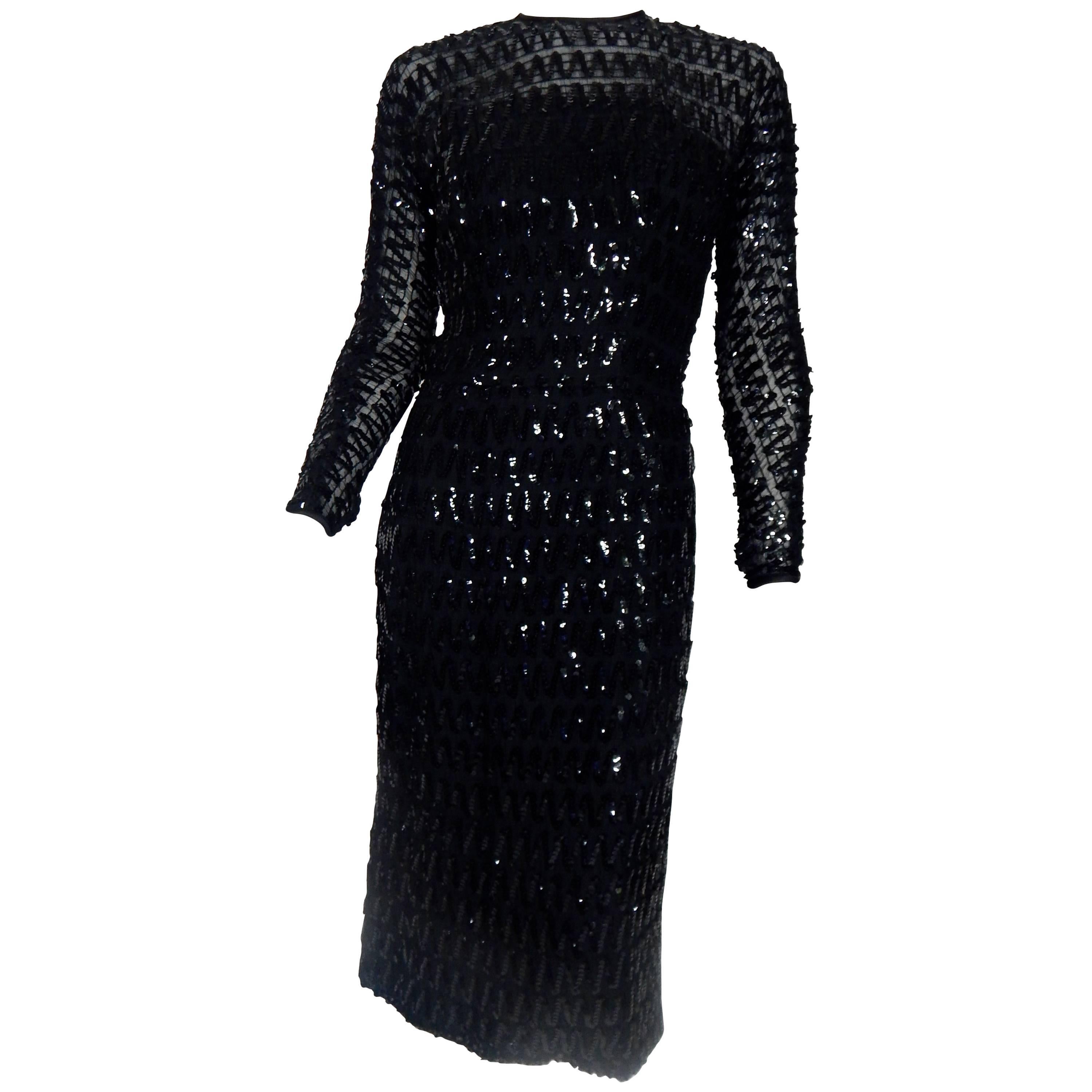 Black Sequin Sheer Dress, 1950s  For Sale