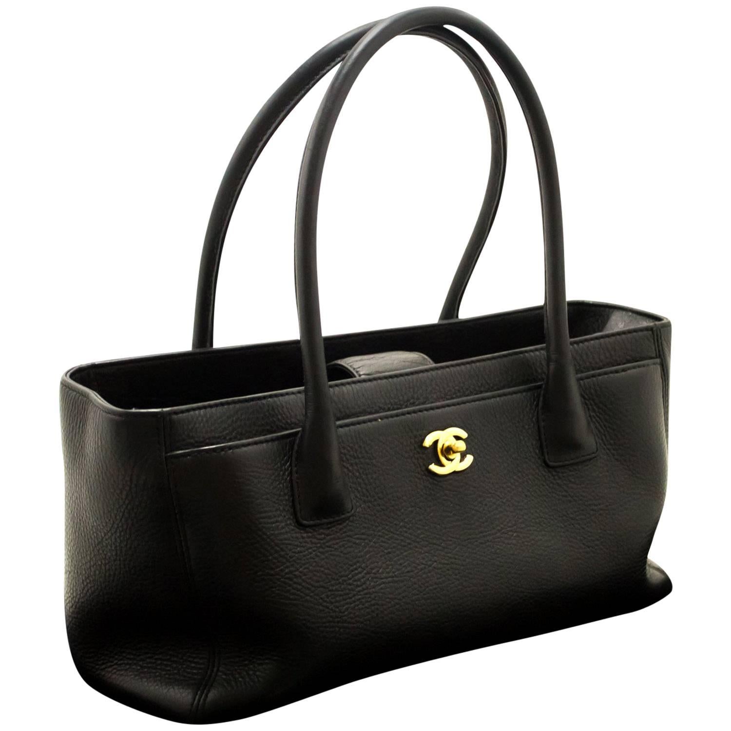 CHANEL Executive Tote 2014 Caviar Shoulder Bag Black Gold Leather