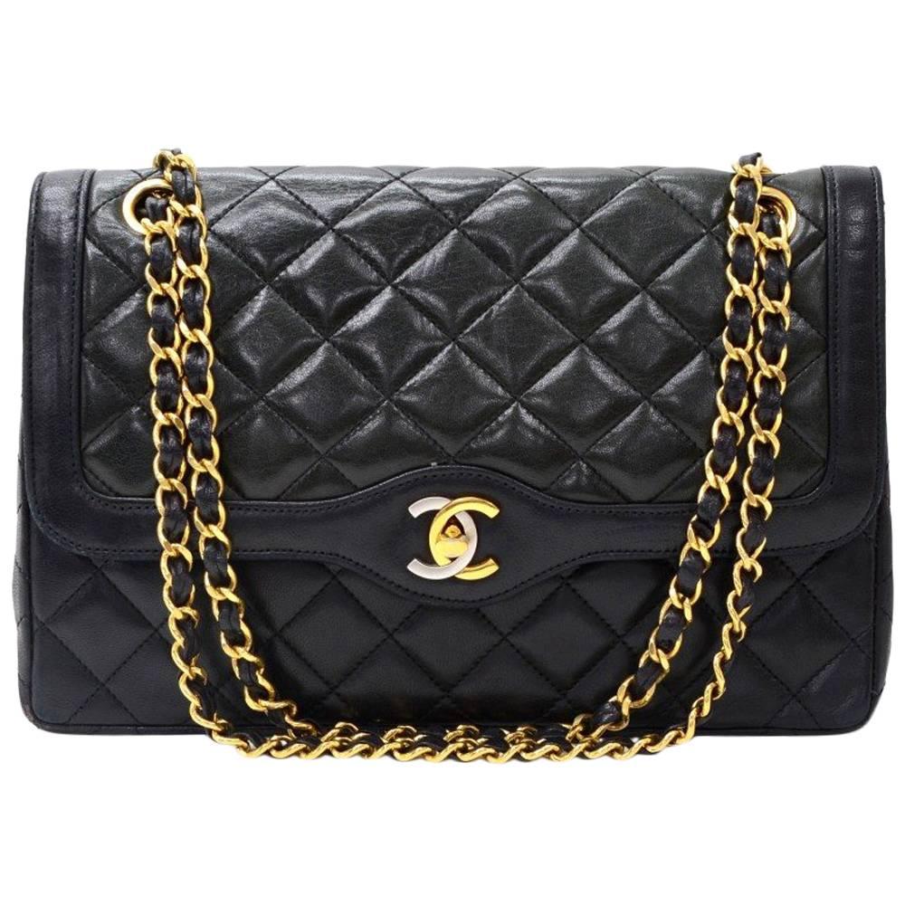 Vintage Chanel 2.55 10inch Double Flap Black Quilted Leather Paris Limited Bag