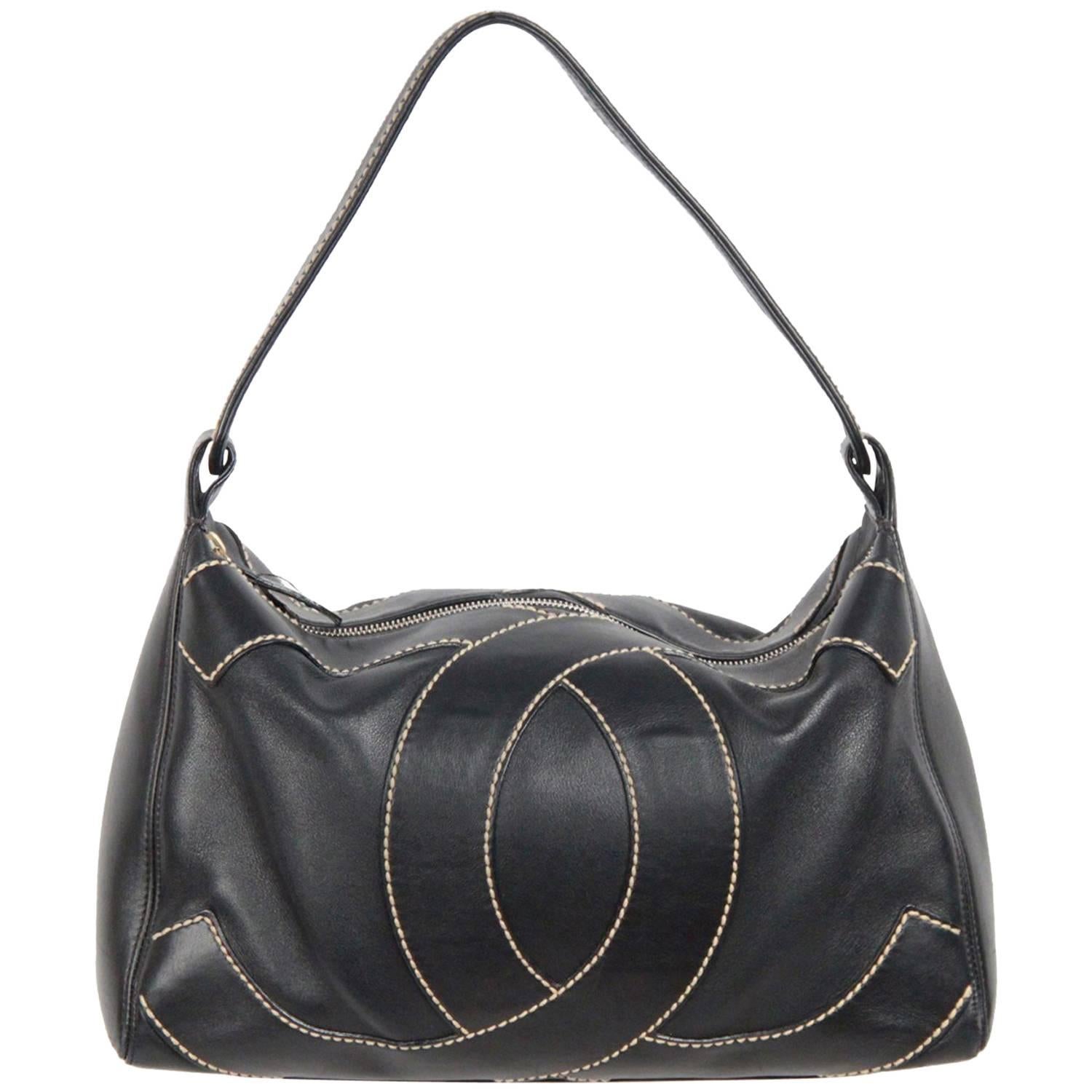 CHANEL Black Leather BIG STITCHED CC Shoulder Bag