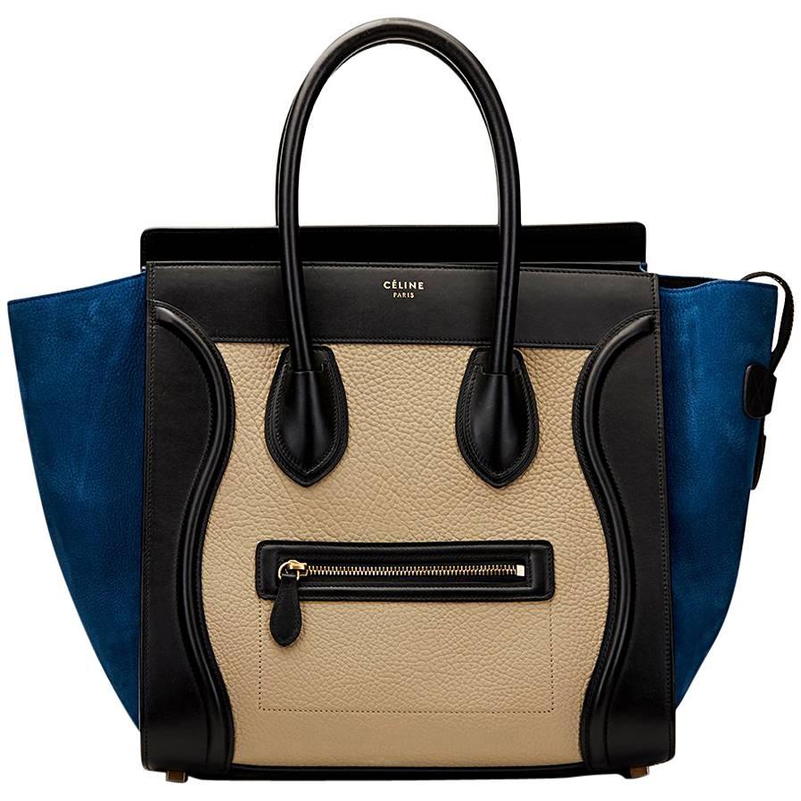2015 Céline Blue, Beige, Black Tri-Colour Textured Calfskin & Suede Mini Luggage
