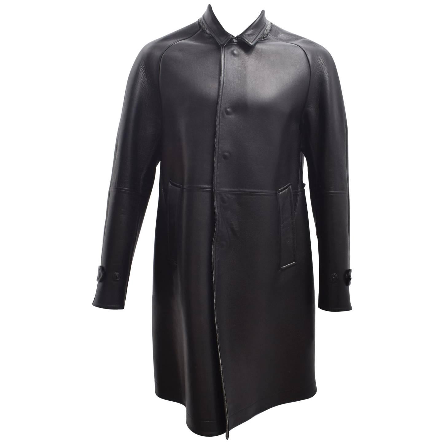 Burberry Prorsum Black Leather Long Coat A/W13 (SAMPLE) For Sale