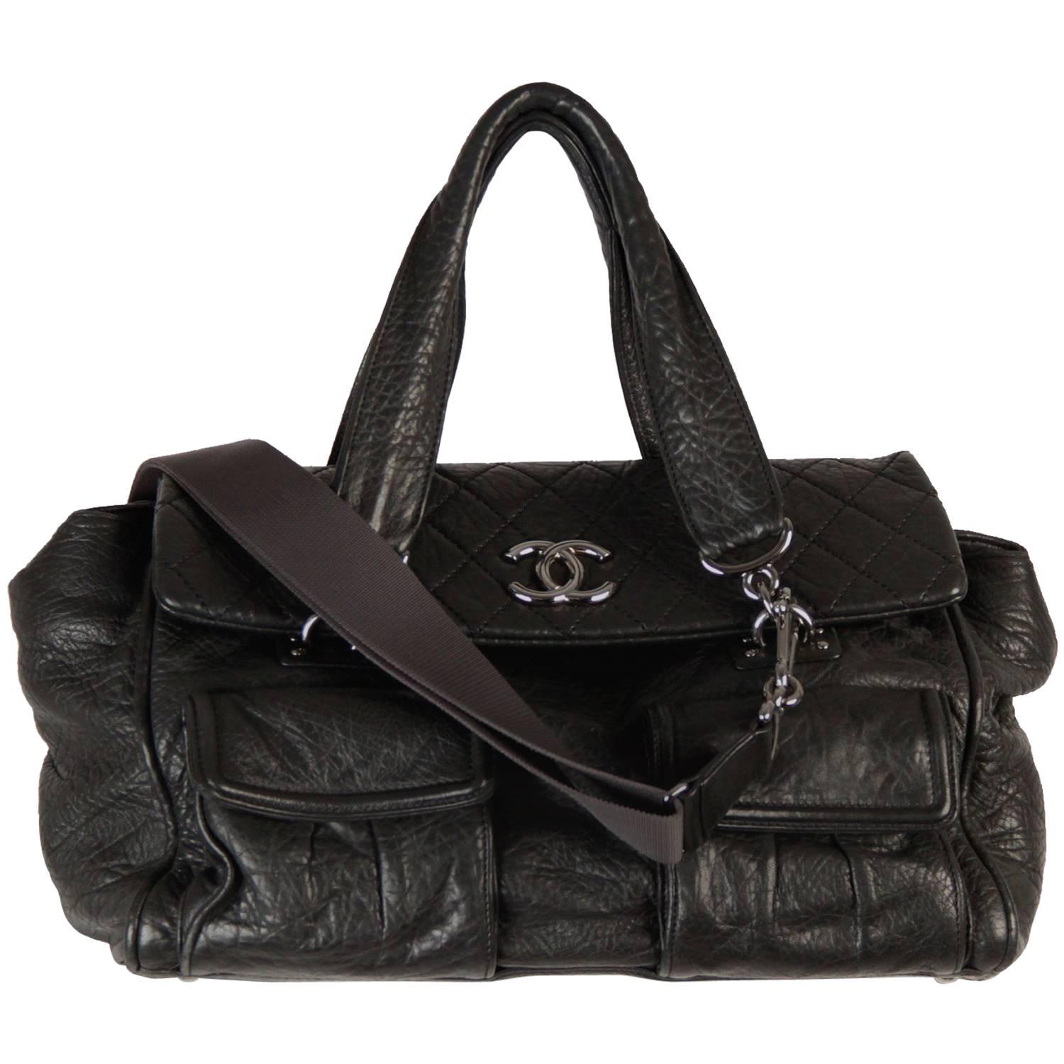 CHANEL Black Distressed Leather TOTE Satchel w/ QUILTED Flap