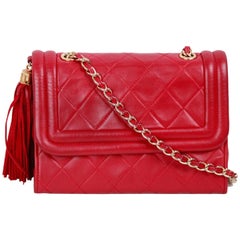 CHANEL Vintage Red QUILTED Leather TASSEL SHOULDER BAG 3