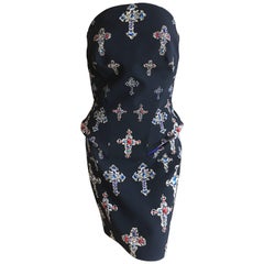 Versace Gothic Jeweled Cross Print Dress with Leather Trim Peplum