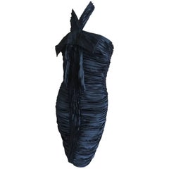 D & G Dolce & Gabbana Pleated Silk Little Black Dress with Bow