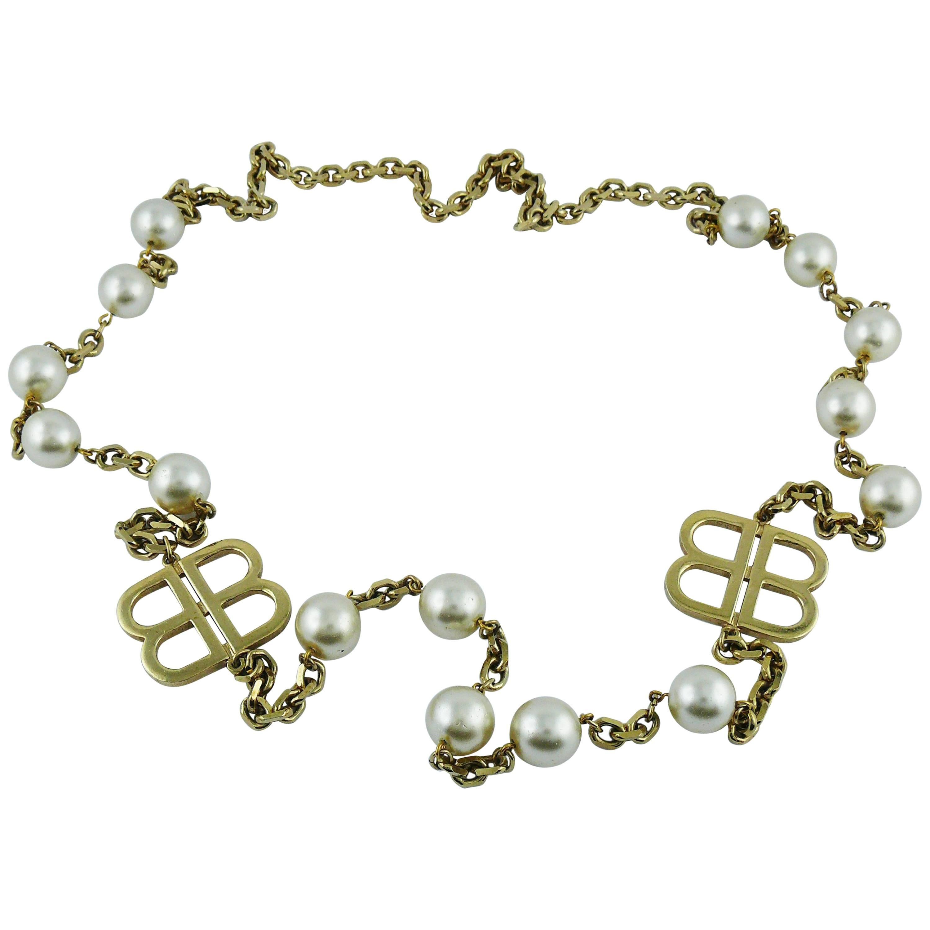 Balenciaga Vintage Pearl and Monogram Sautoir Necklace