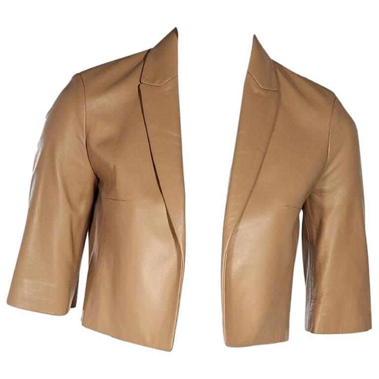 Tan Michael Kors Collection Cropped Leather Jacket