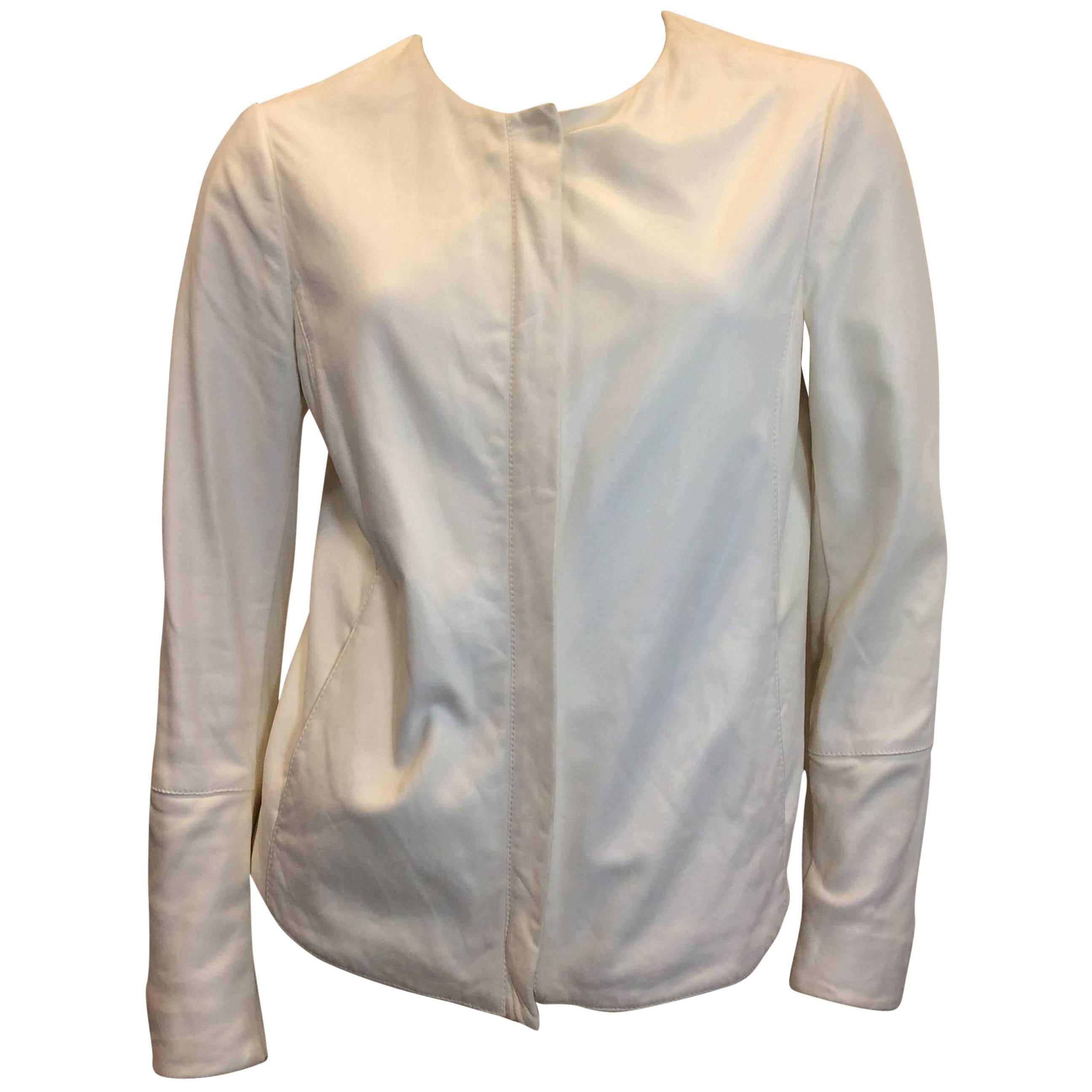 Vince White Leather Zip Up Jacket For Sale