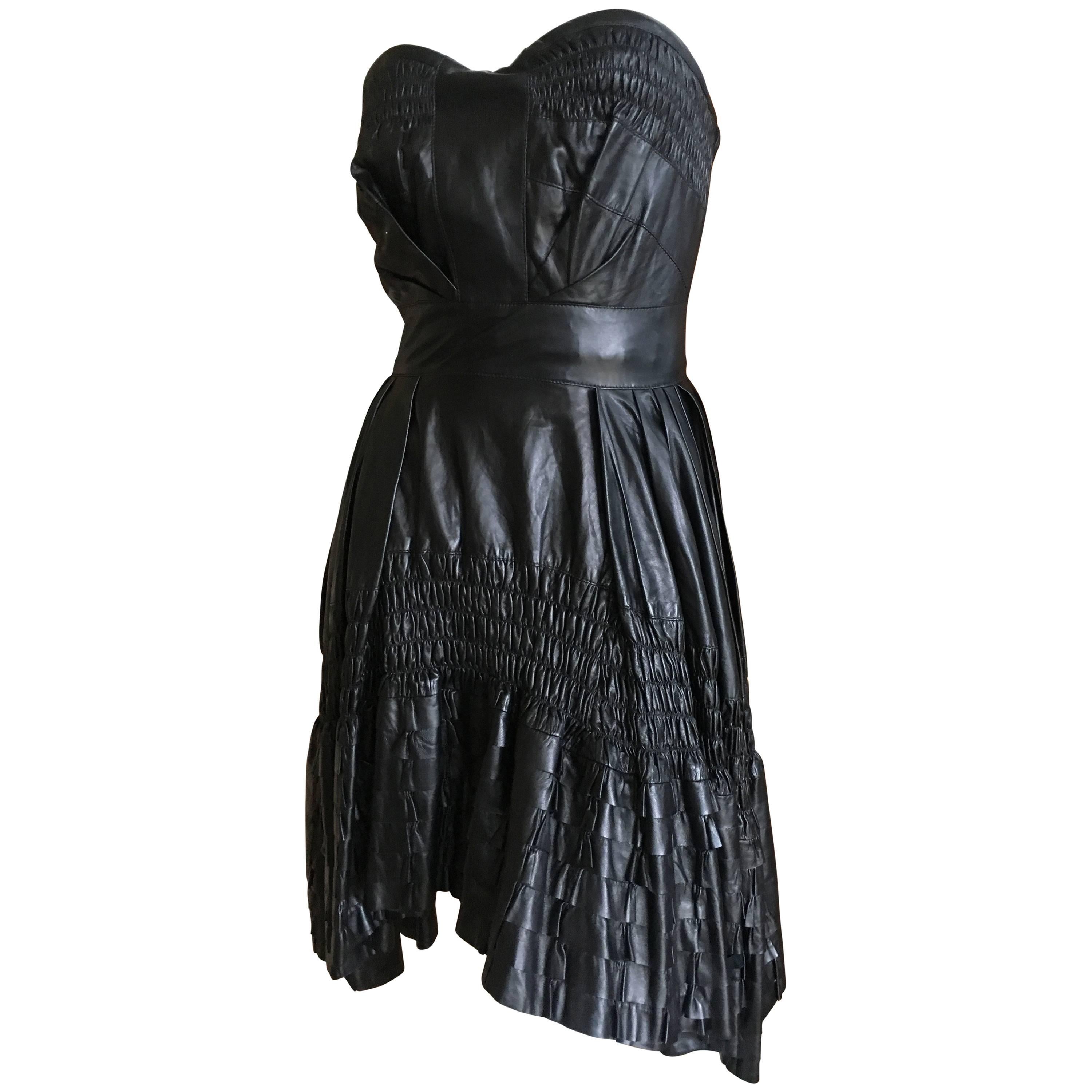 Christian Dior by John Galliano Fall 2010 Black Leather Pleated Ruffle Dress For Sale
