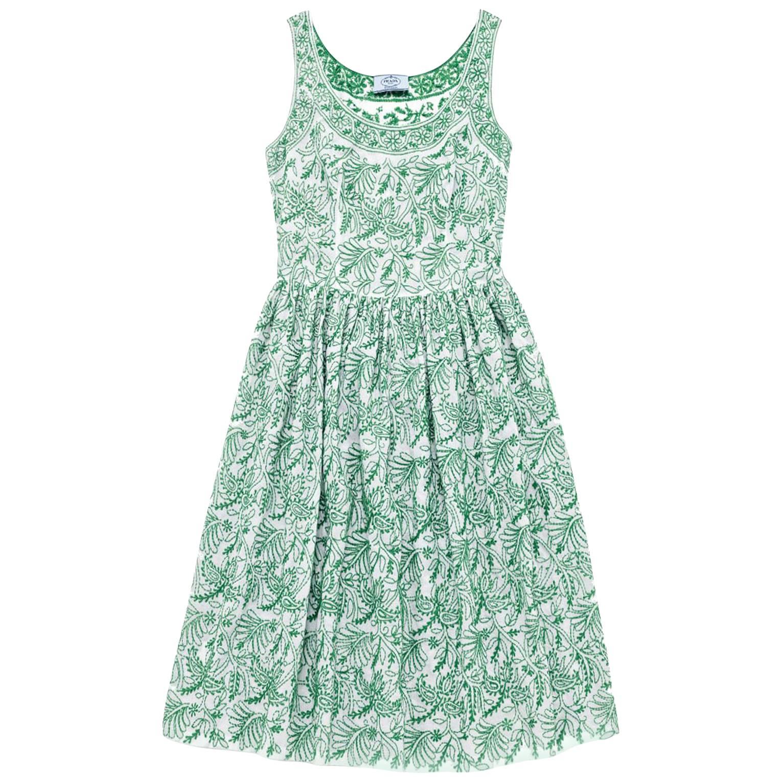 Prada White & Green Embroidered Cotton Sleeveless Dress sz S