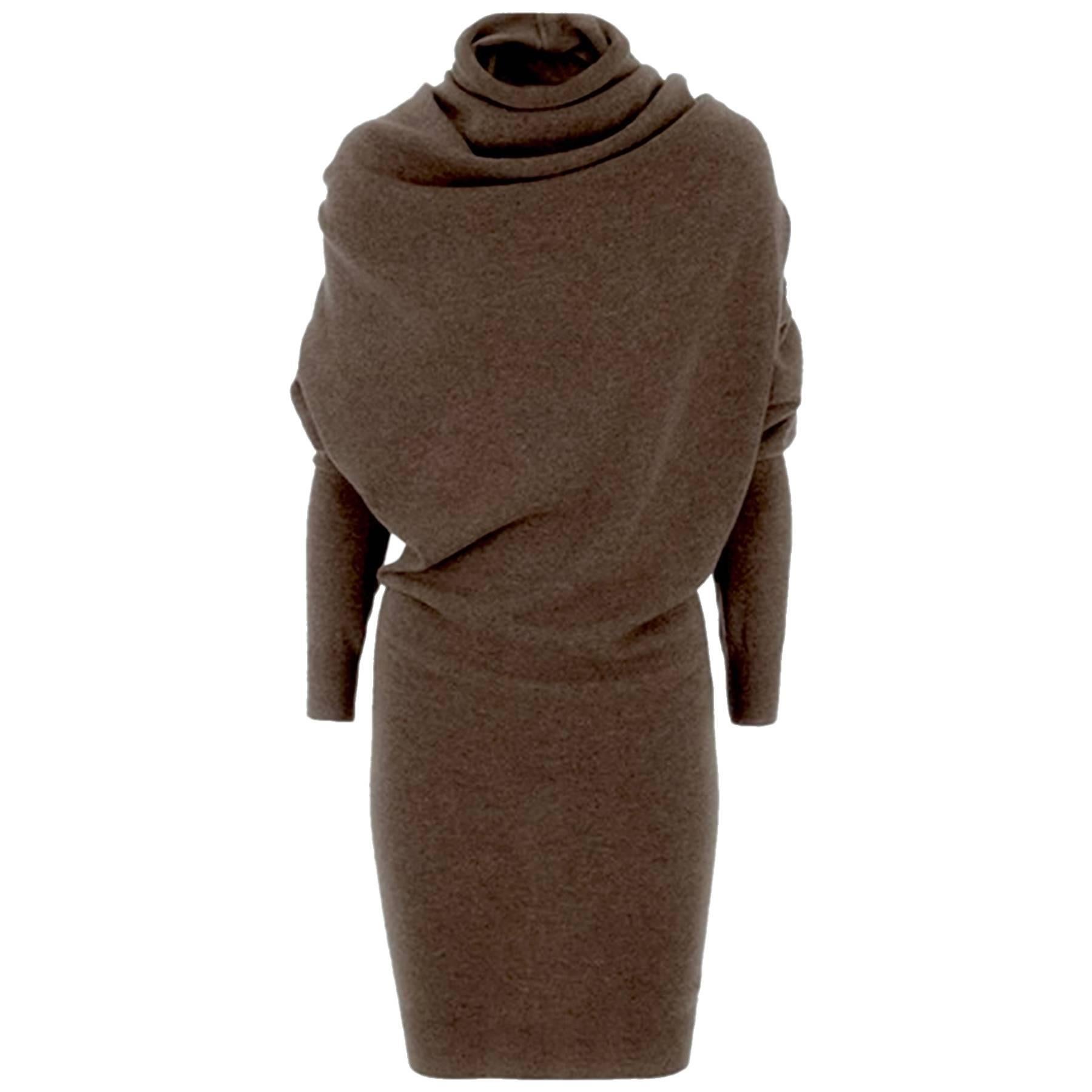 Lanvin Brown Cashmere Draped Over Shoulder Sweater Dress sz XL rt. $1, 670