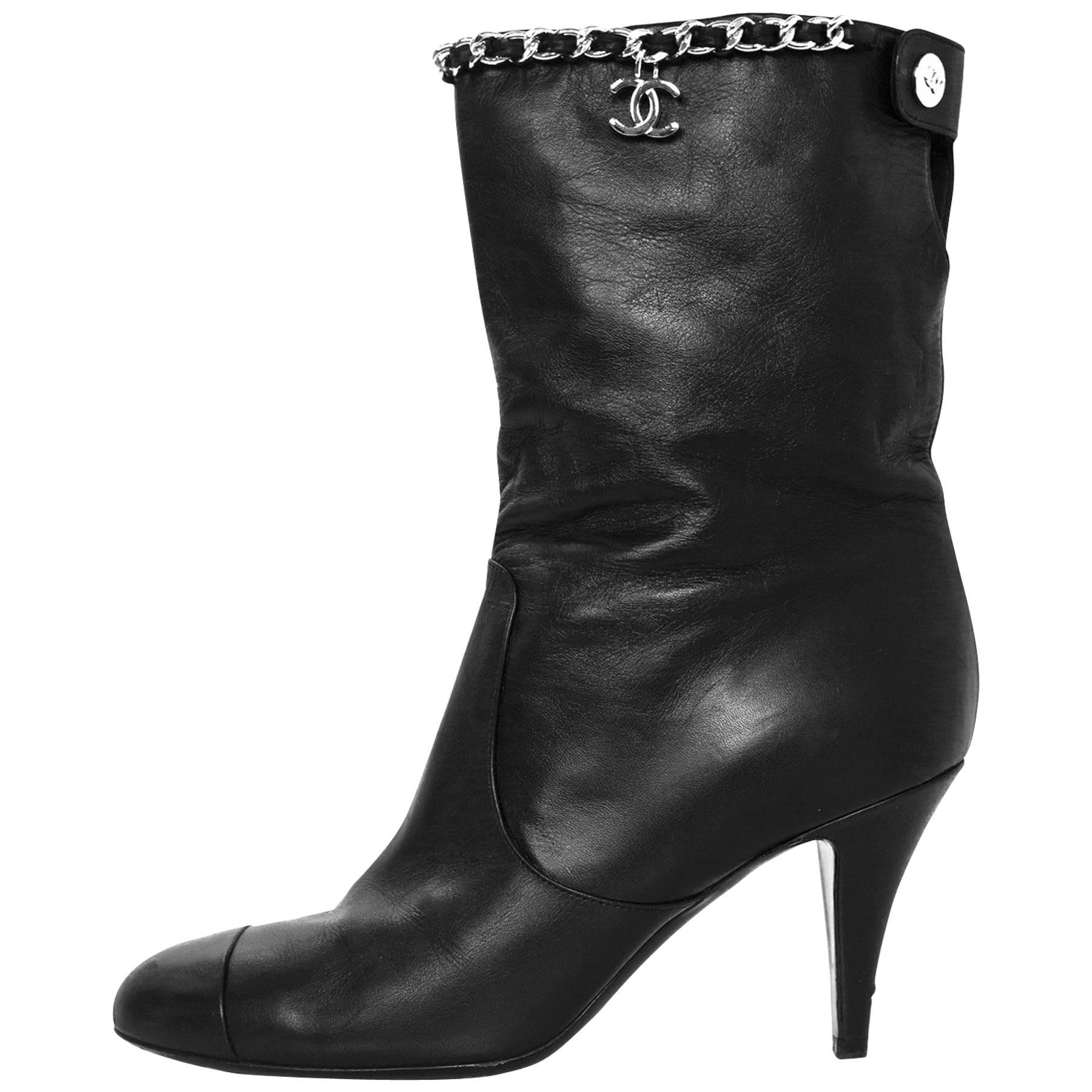 Chanel Black Leather Chain Around Short Boots sz 37.5