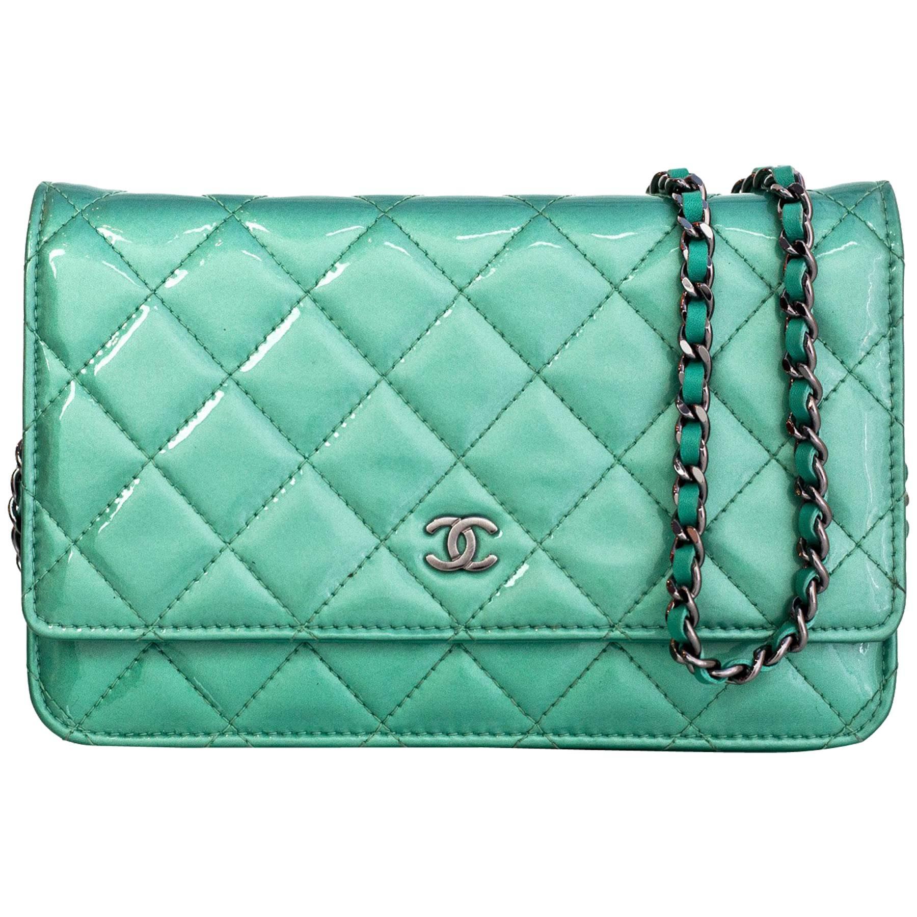 Chanel Seafoam Green Patent Leather WOC Wallet on a Chain