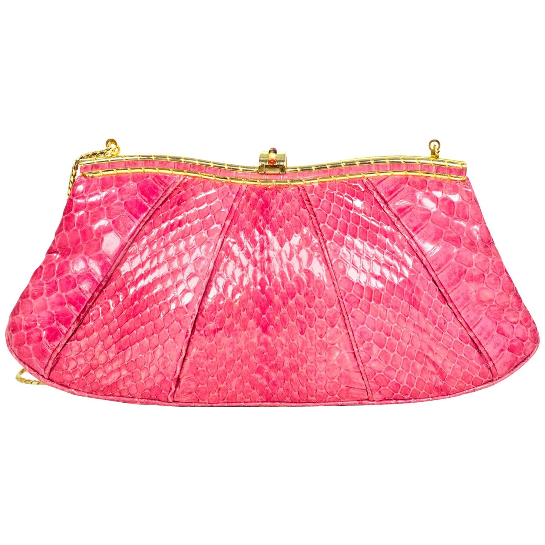 Judith Leiber Pink Python Evening Clutch Bag w/ Strap