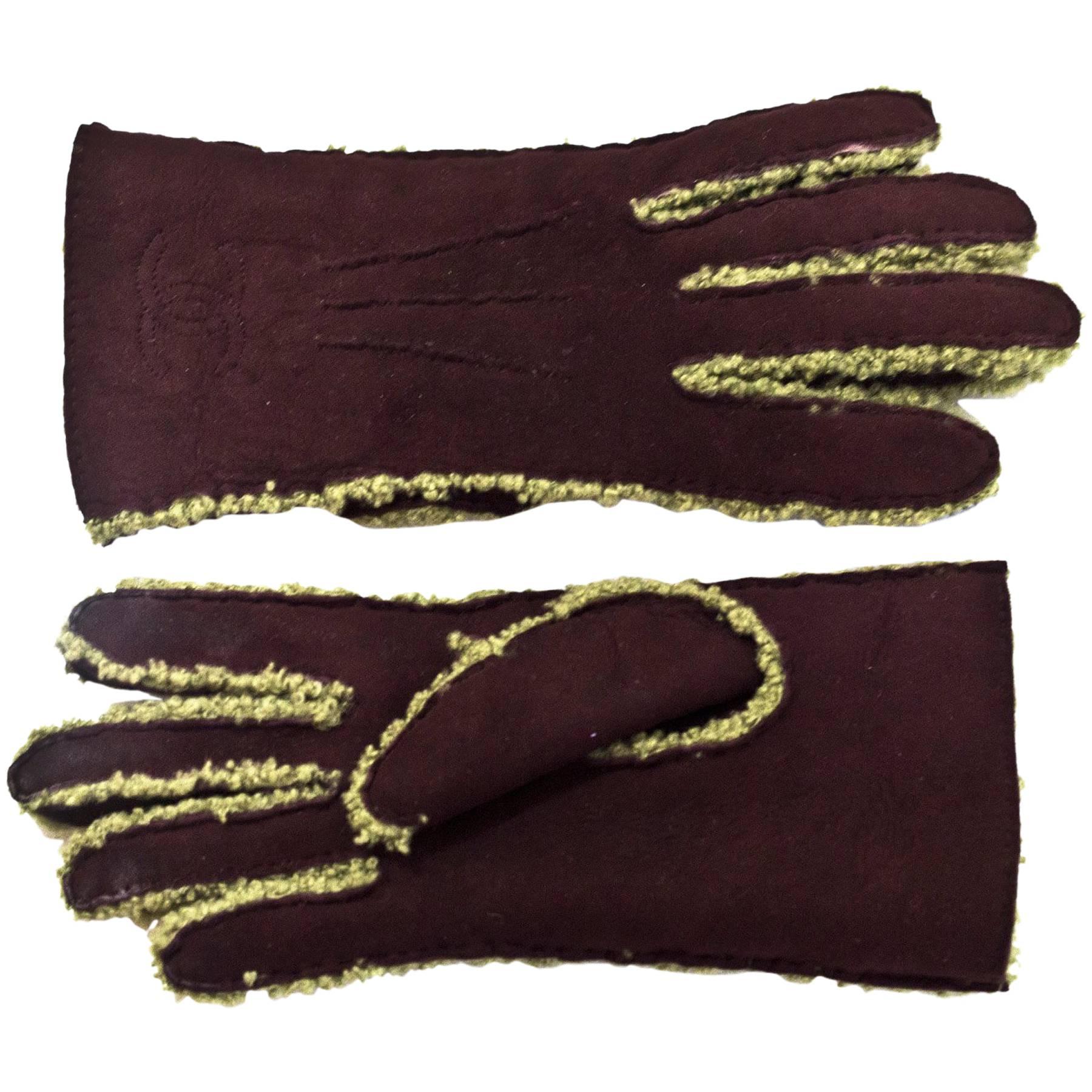 Chanel Brown & Green Shearling Gloves w/ CC sz 7.5
