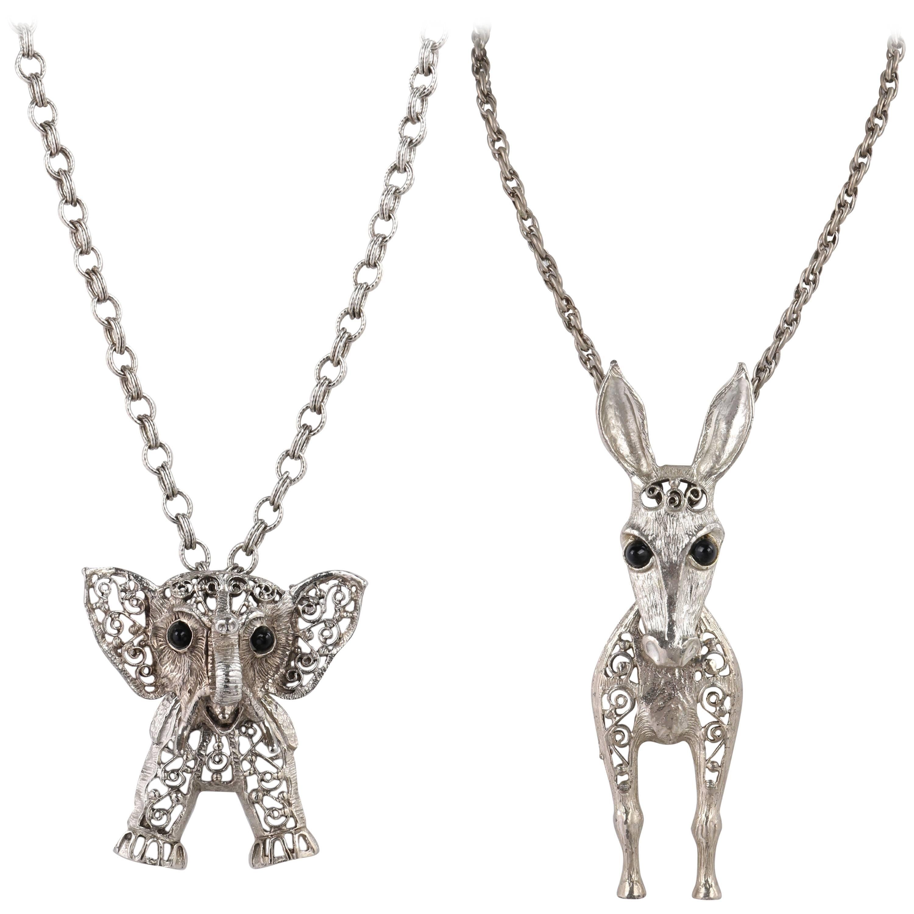 JULIANA D&E c.1970s 2 Pc Silver Donkey & Elephant Pendant Statement Necklace Set
