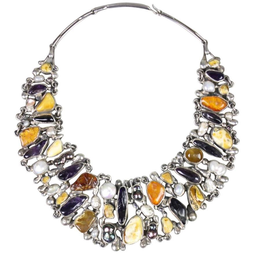 Jan Pomianowski Amber & Amethyst Sterling Silver Bib Necklace For Sale