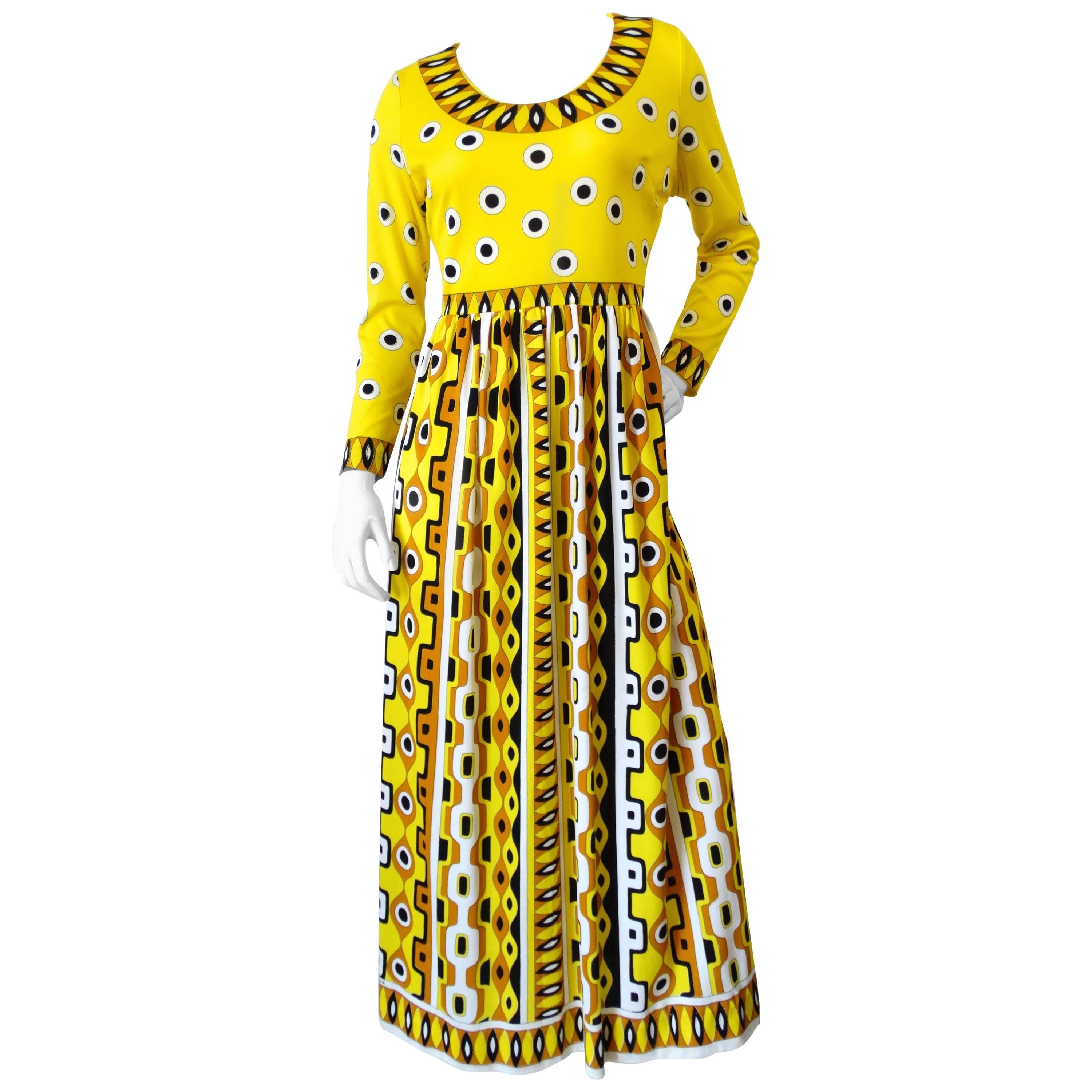 1960s Mr. Dino Yellow Mod Printed Maxi Dress