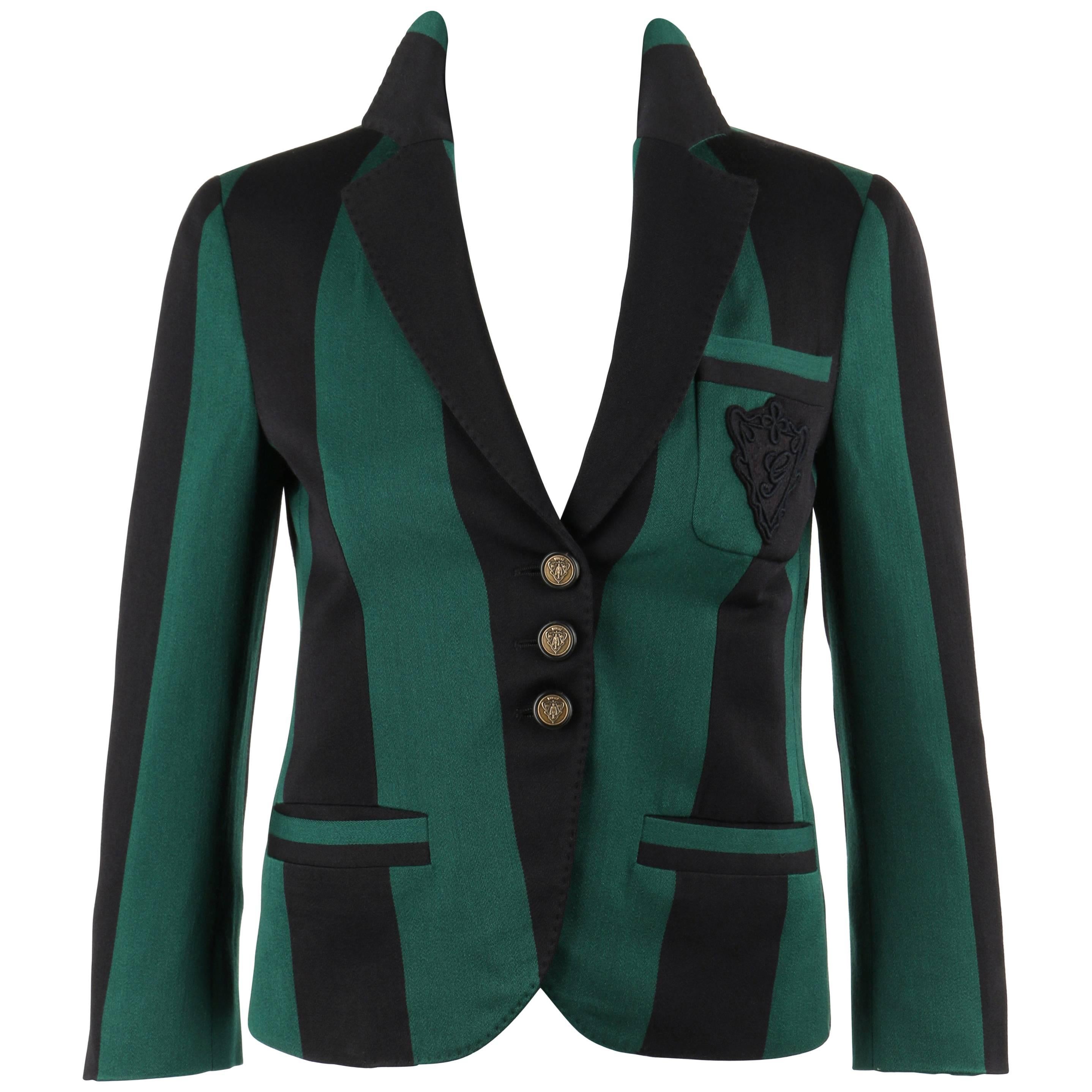 GUCCI S/S 2009 Green & Black Striped Wool Prep School Blazer Jacket