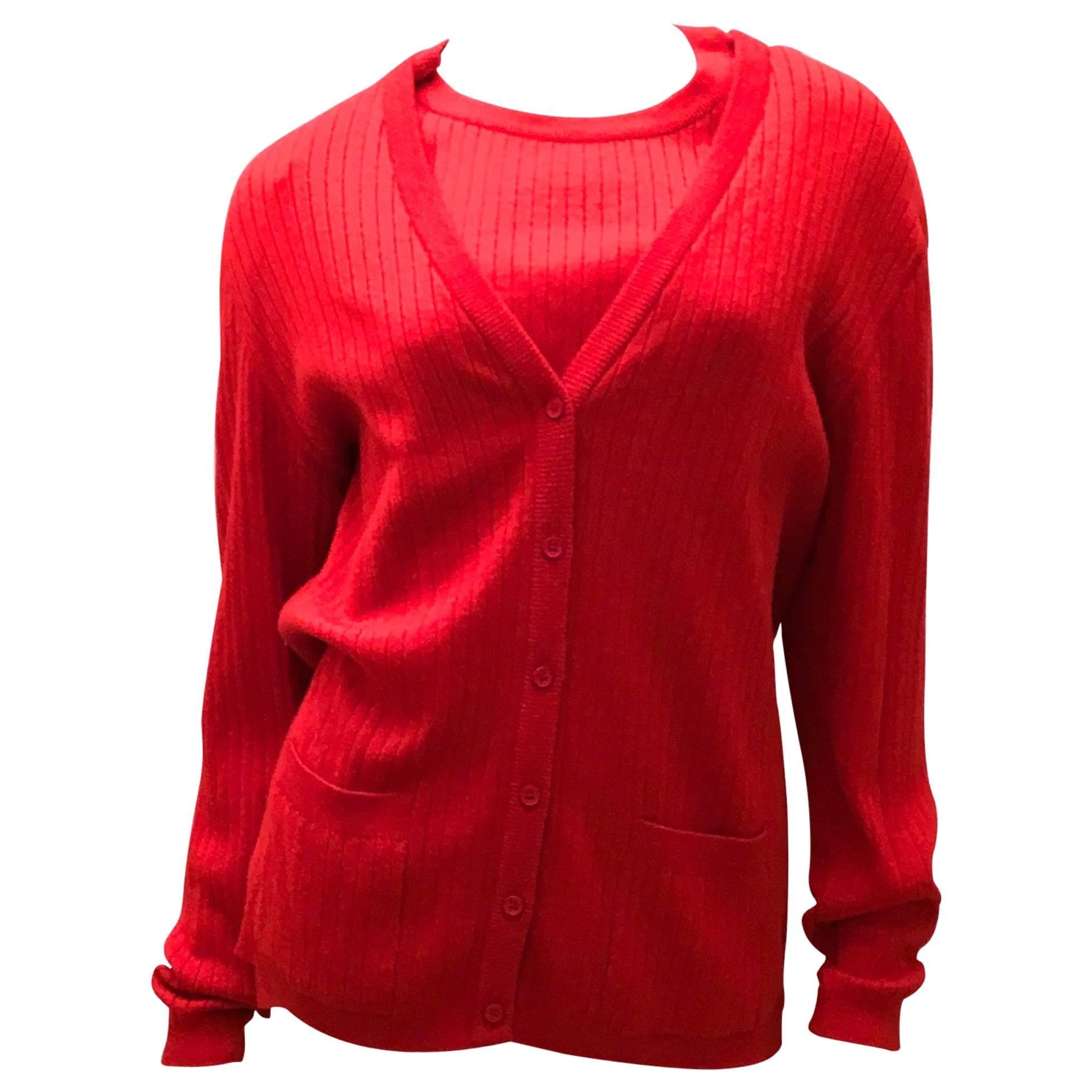 Rare Courreges Red Cardigan Sweater Set - 1970's For Sale