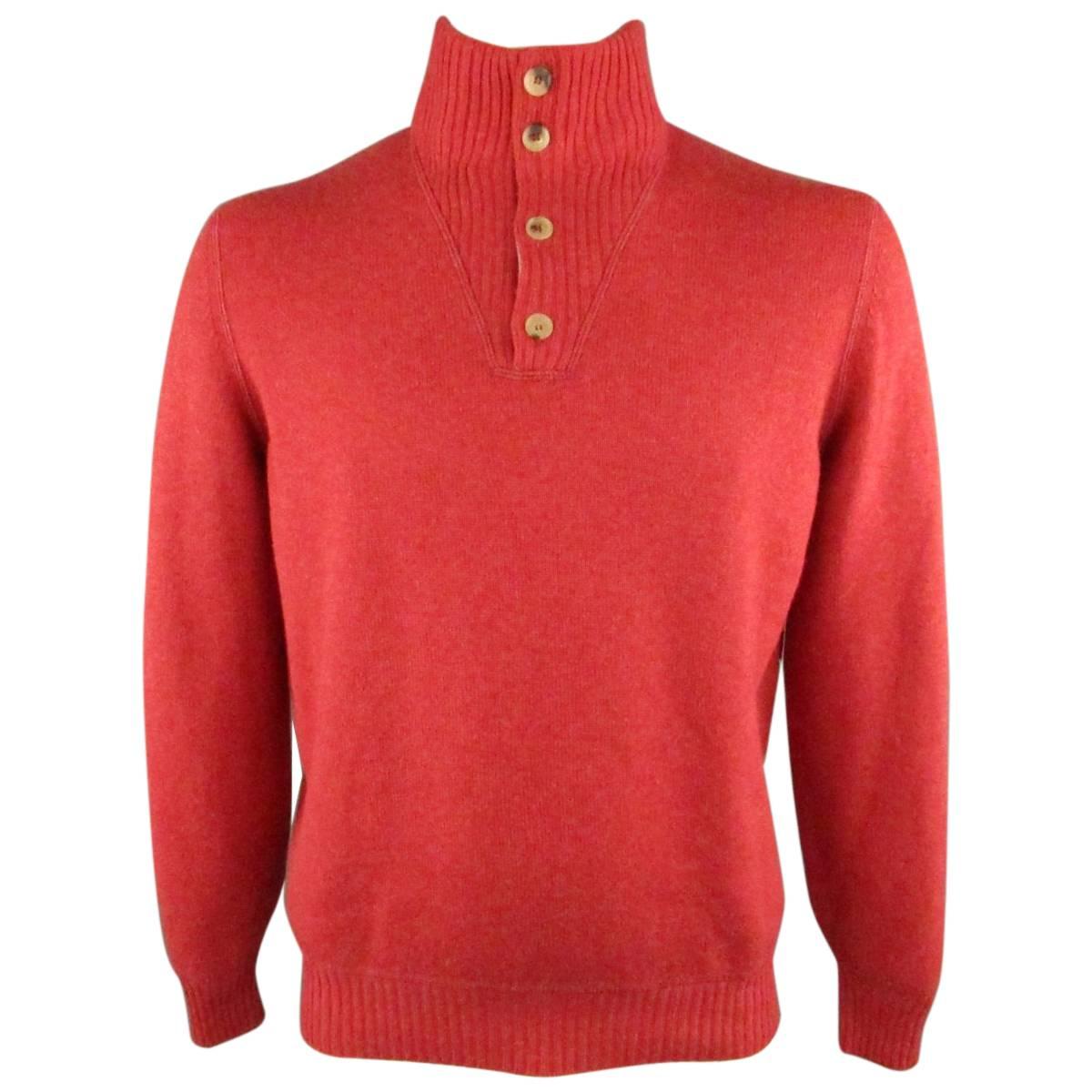 Men's BRUNELLO CUCINELLI L Red Knitted Cashmere Ribbed Button Collar Sweater