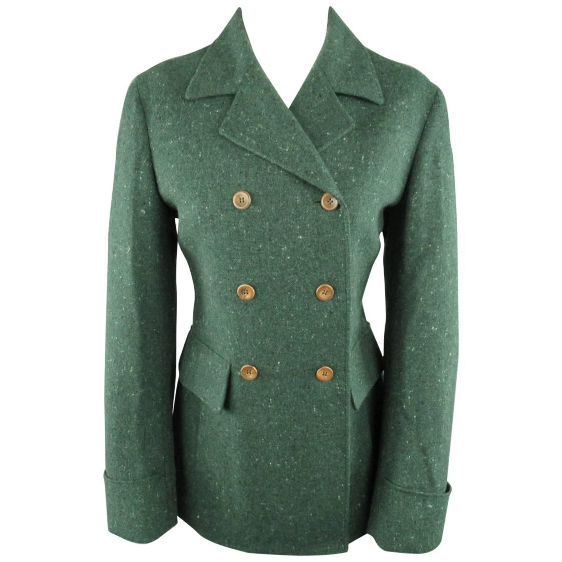 LUCIANO BARBERA Size 8 Green Speckle Wool Double Breasted Coat