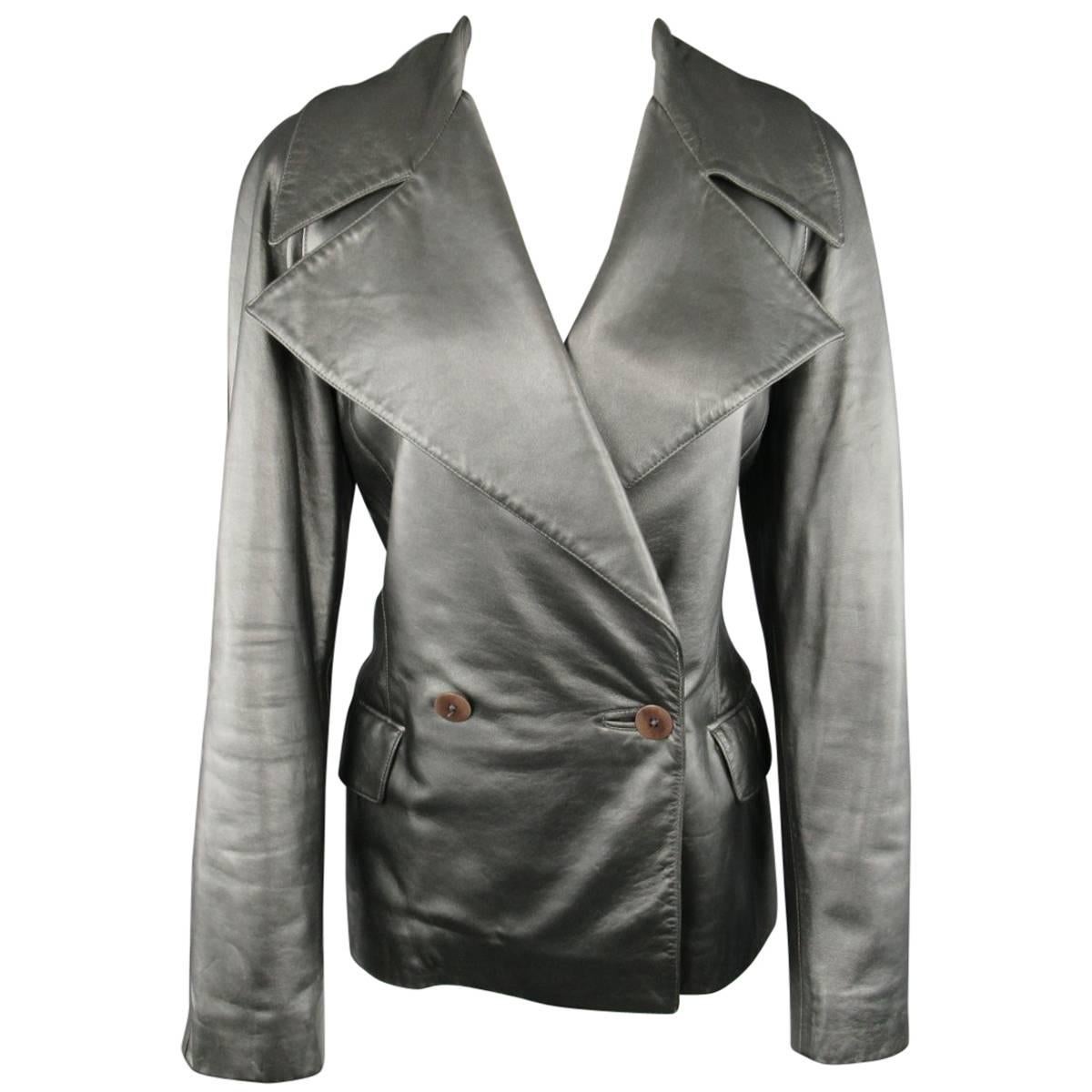 RALPH LAUREN Collection 10 Metallic Silver Leather Double Breasted Jacket