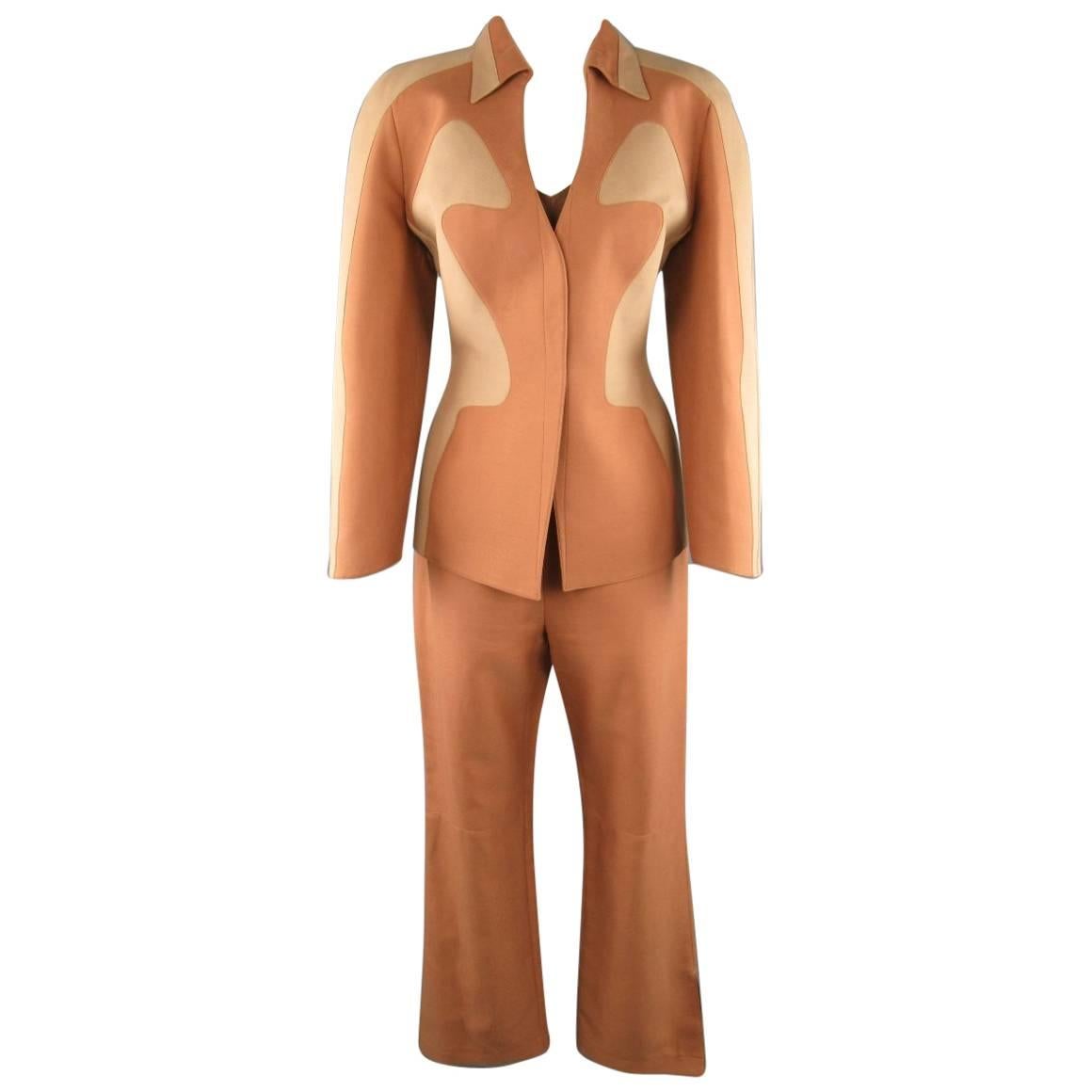 THIERRY MUGLER COUTURE 1980s Size 14 Tan & Beige Cotton 3 pc Pants Suit