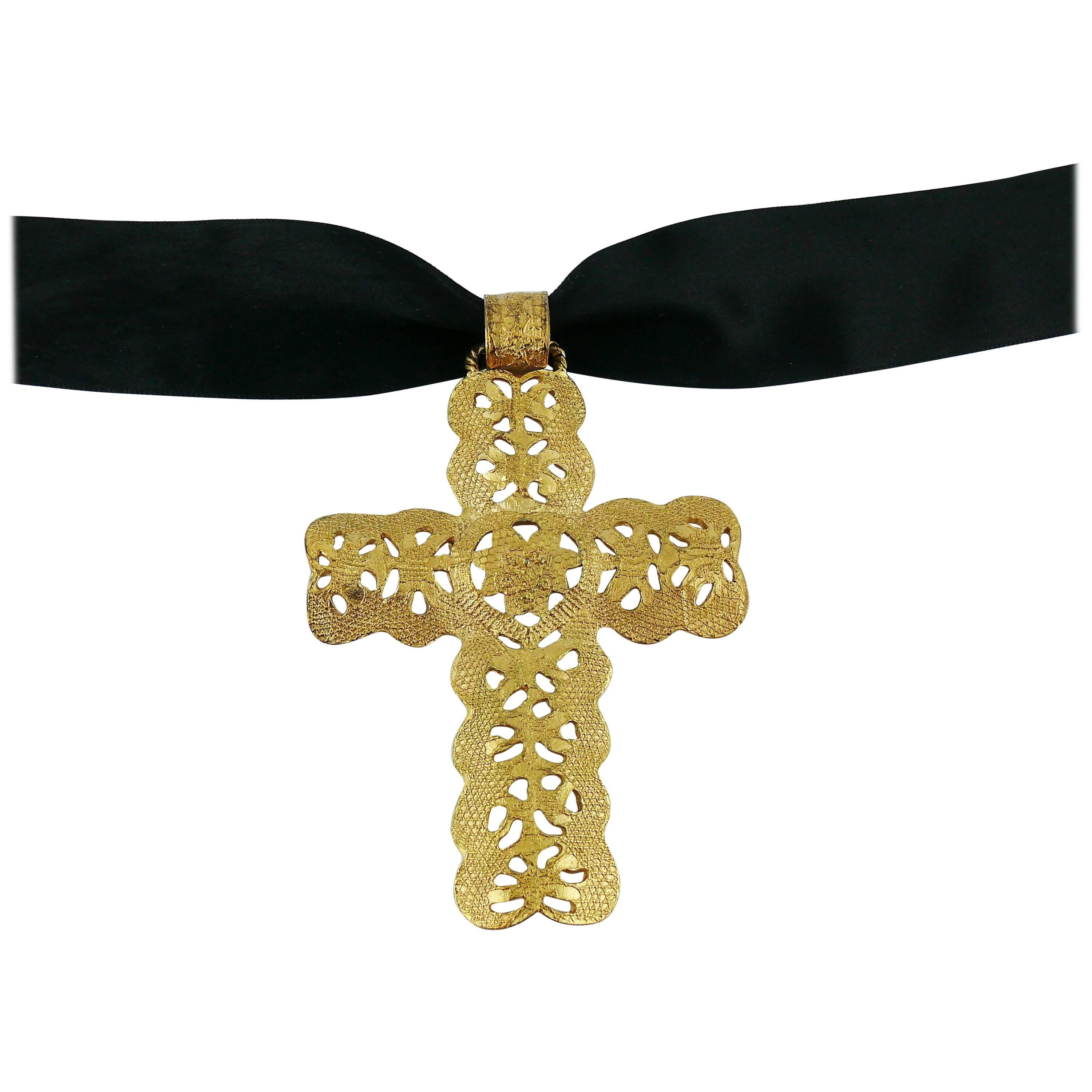 Yves Saint Laurent YSL Vintage Rare Gold Toned Massive Cross Pendant