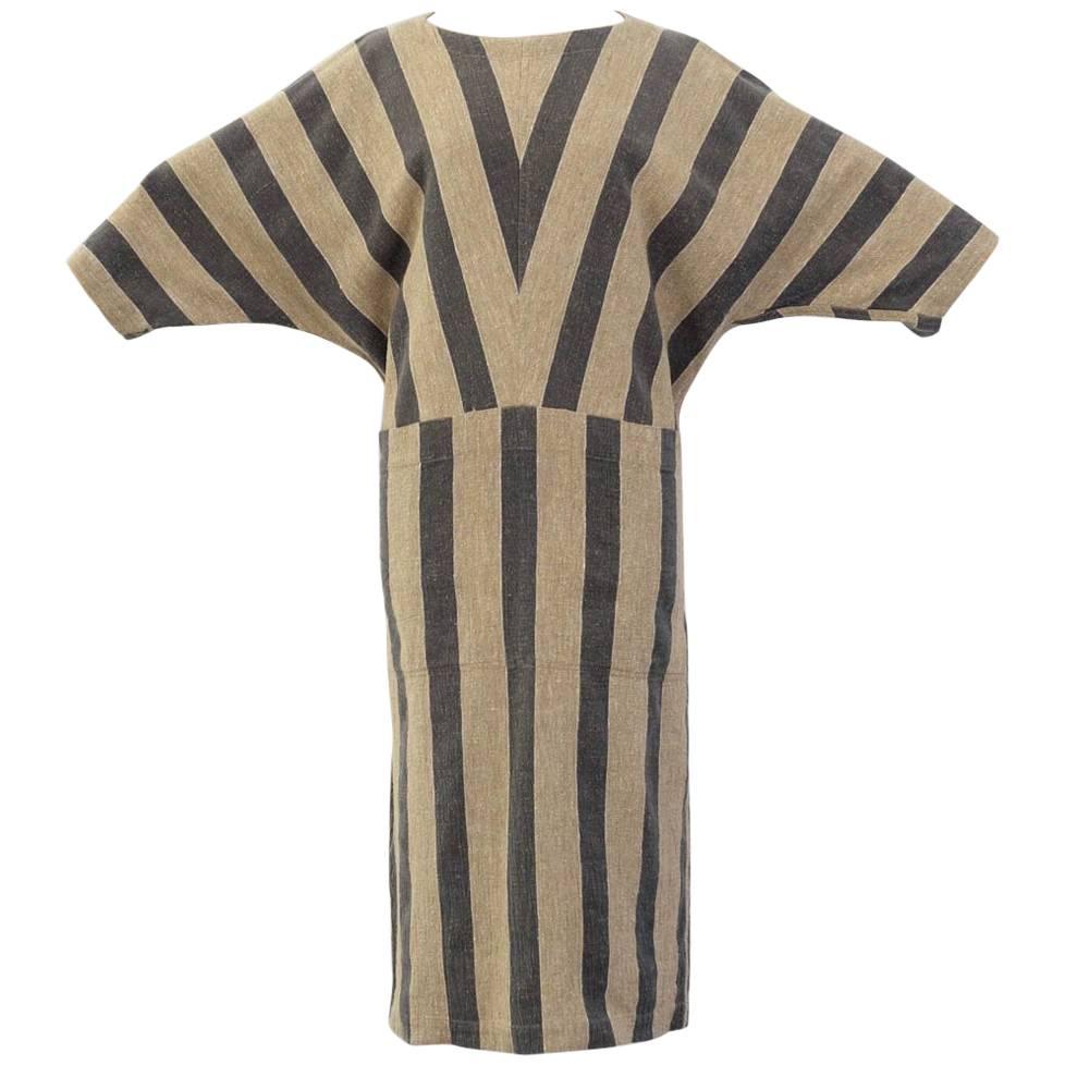 Issey Miyake Plantation Khaki Striped Woven Dress, Circa 1980's For Sale