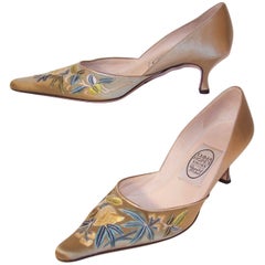 Emma Hope Embroidered Satin Kitten Heel Shoes Sz 38 1/2