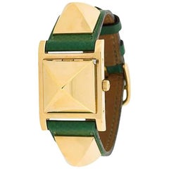 1990 Green Calf Leather Hermes Medor Analog Watch 6