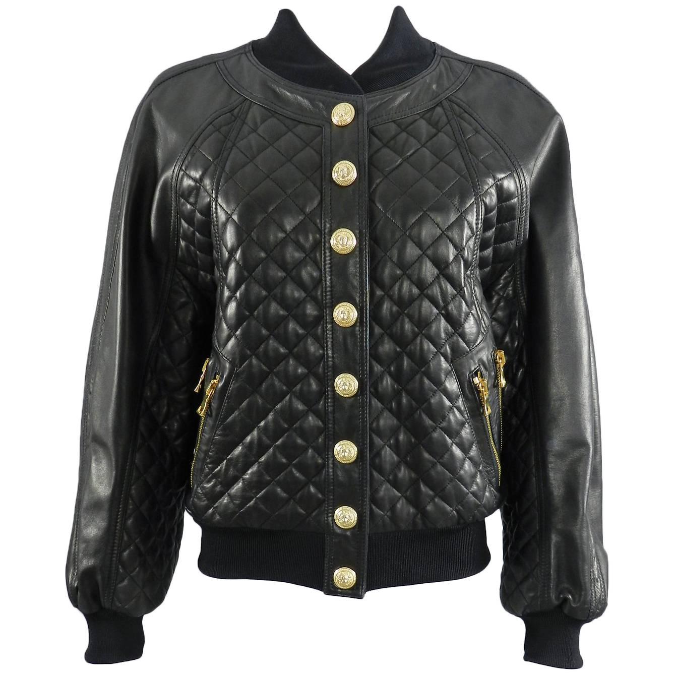 Balmain Black Lambskin Leather Quilted Bomber Jacket 