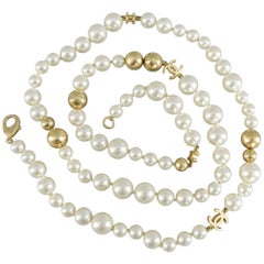 Chanel 07P Pearl and Gold bead Necklace with CC Logo 17"