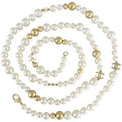 Chanel 07P Pearl and Gold bead Necklace with CC Logo 22"