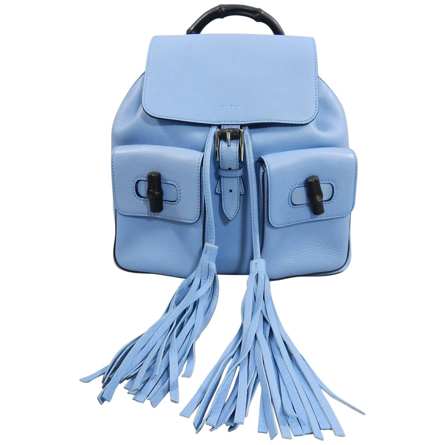 Gucci Blue Leather Backpack with Bamboo Handle and Tassels