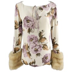 Carolina Herrera Silk Floral Blouse with Sable Fur Cuffs