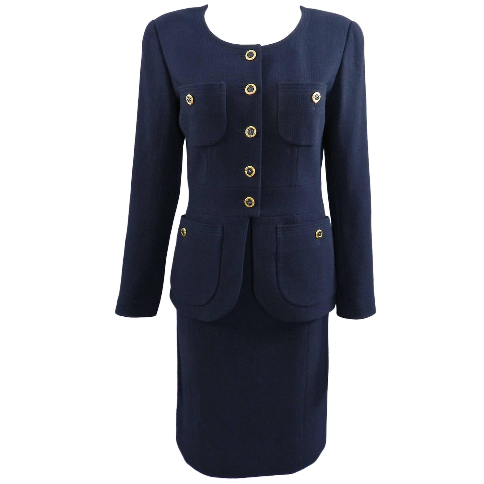 Chanel Vintage 1990's Navy Wool Skirt Suit with Gold Buttons
