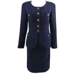 Chanel Vintage 1990's Navy Wool Skirt Suit with Gold Buttons