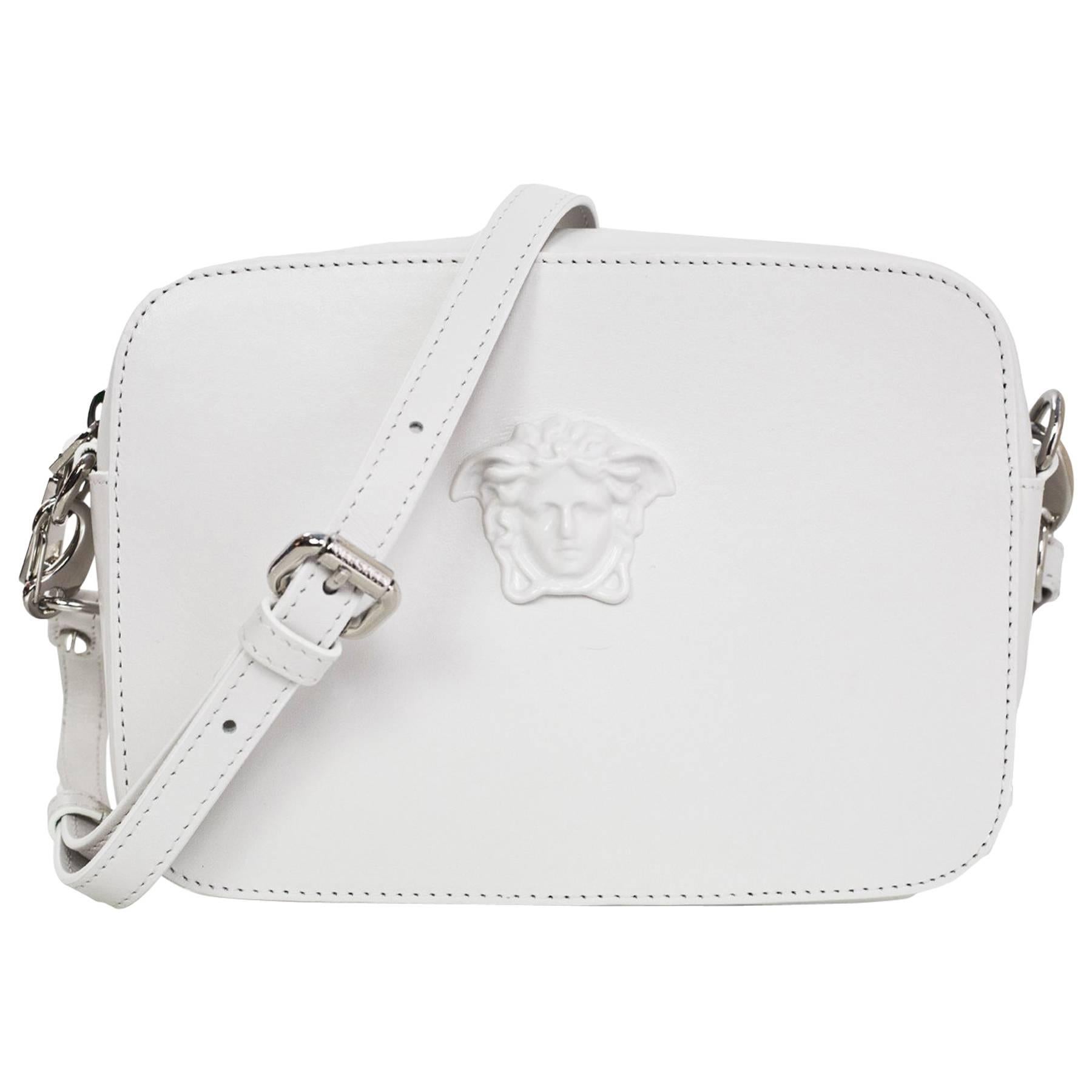 Versace White Leather Medusa Plazzo Camera Crossbody Bag w/ Extra Strap